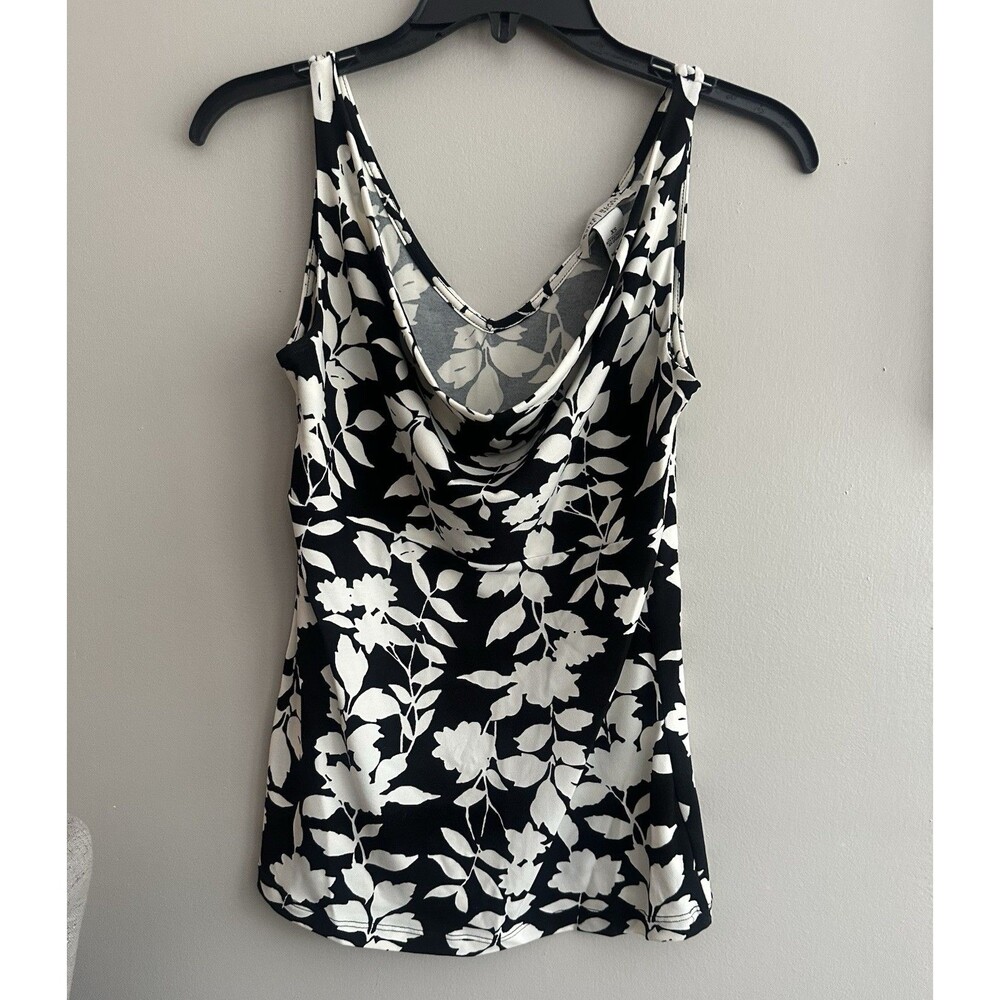 White House Black Market XS Black White Floral Cowl Neck Sleeveless Tank Top 027